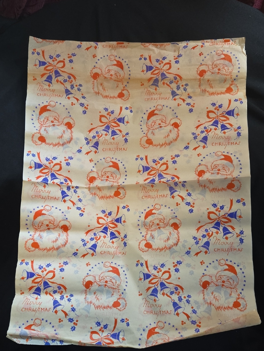 Vintage Merry Christmas Santa Gift Wrap - Cream with Orange & Blue